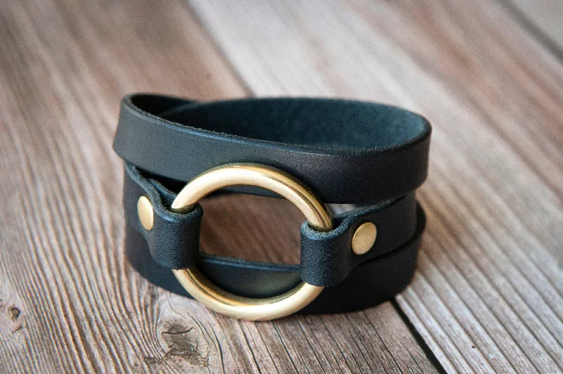 luxury bangles for women-Wrap Leather Bracelet For Women, Cuff, Handmade, Black Leather, Custom, Gifts for her, Brass Ring, Gold