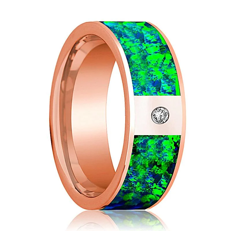 luxury gold wedding rings for women-Flat Polished 14k Rose Gold and Diamond Men's Wedding Band with Emerald Green and Sapphire Blue Opal Inlay - 8MM