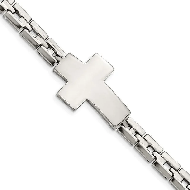 gold bangles for women-Stainless Steel Polished Cross 8in Link Bracelet