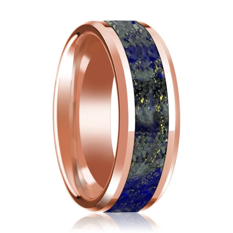 beautiful rings for women-14K Rose Gold Men's Wedding Band With Lapis Inlay & Beveled Edges