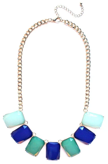 matching necklace sets for women-Colorblock Gemstone Jewels Statement Necklace- Blue