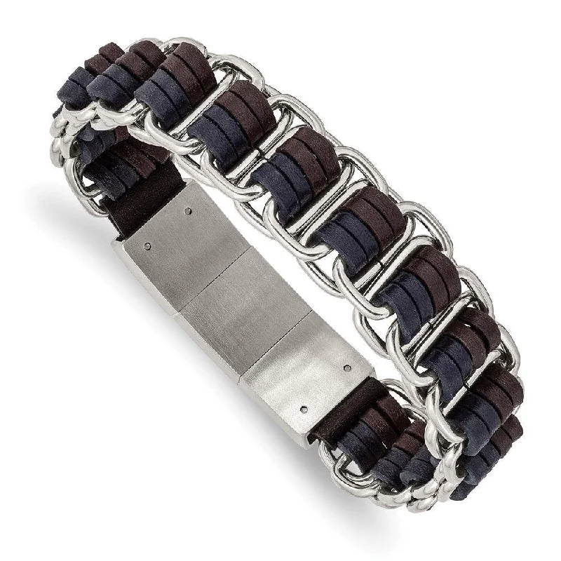 bangle bracelets for women-Stainless Steel Polished w/Blue and Brown Leather w/.5in ext 8in Bracelet