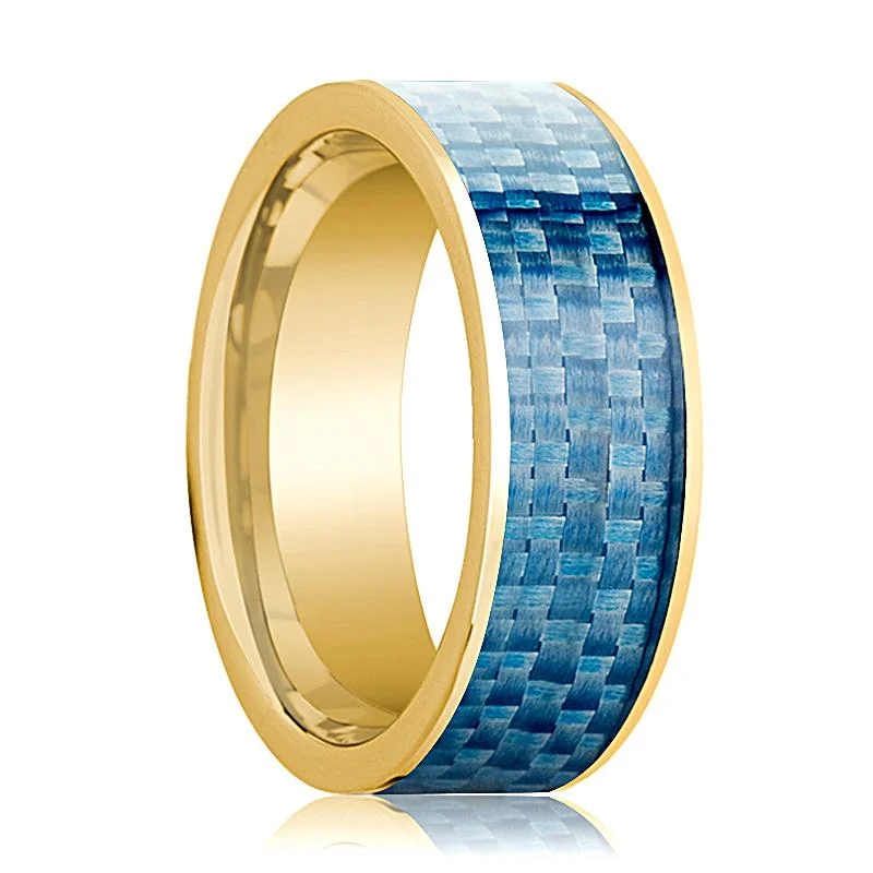 statement rings for women-Men's 14k Yellow Gold Wedding Band with Blue Carbon Fiber Inlay Flat Polished Design - 8MM