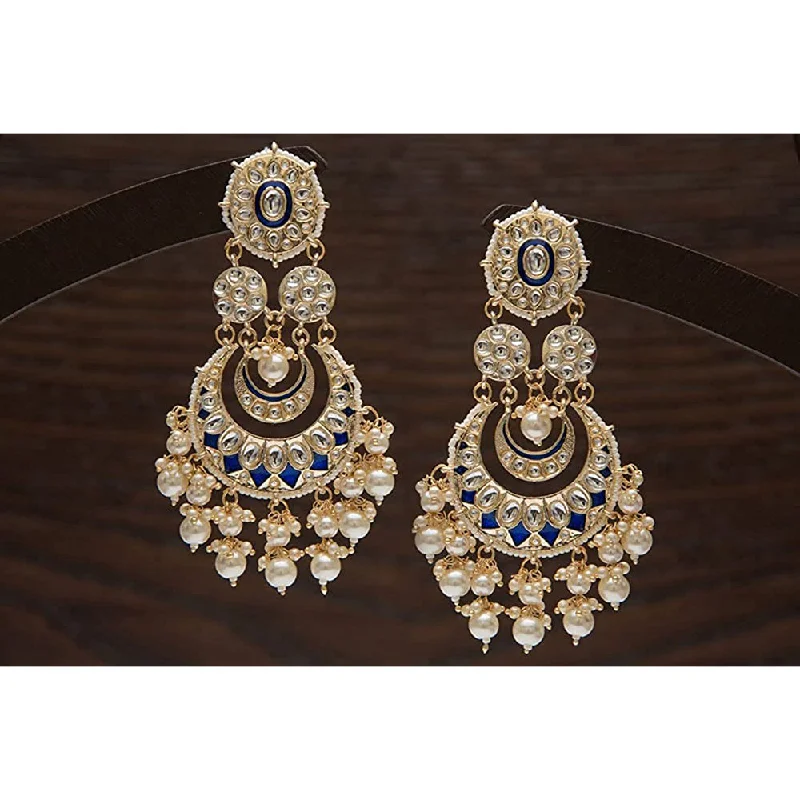 minimalist earrings for women-Etnico Gold Plated Intricately Designed Traditional Blue Meenakari Earrings Glided With Kundans & Pearls (E3006Bl)