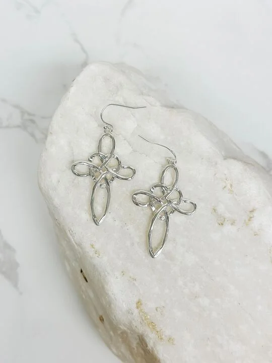 affordable earrings for women-Heart Cross Dangle Earrings - Silver