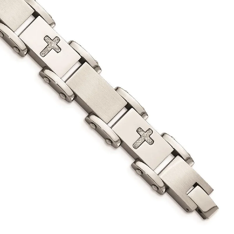 luxury bangles for women-Stainless Steel Laser Cut Crosses 8.75in Bracelet