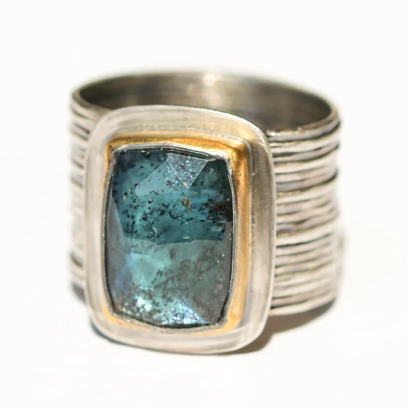 solitaire rings for women-Rectangular Teal Kyanite Ring with Wide Band