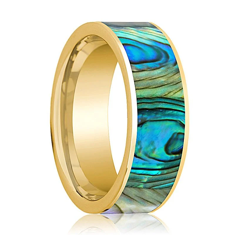 wedding rings with diamonds-Men's 14k Yellow Gold Flat Wedding Band with Mother of Peral Inlay Polished Finish