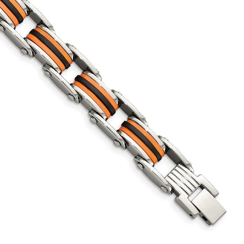 beaded bracelets for women-Stainless Steel Black & Orange Polyurethane 8.75in Bracelet