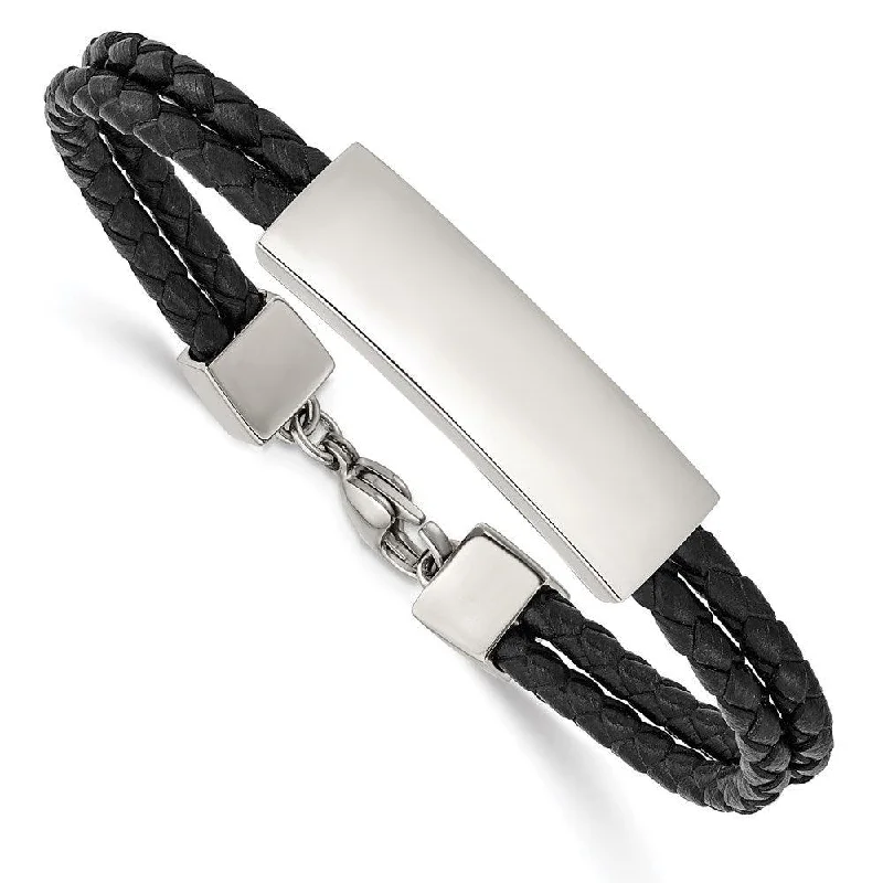 stretch bracelets for women-Stainless Steel Polished Black Leather 2 Strand 7in ID Bracelet