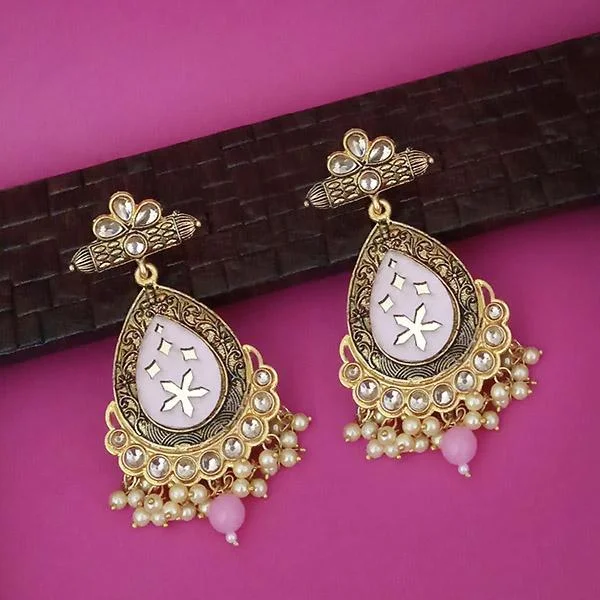 silver drop earrings for women-Kriaa Pink Meenakari Gold Plated Kundan Dangler Earrings  - 1316337E