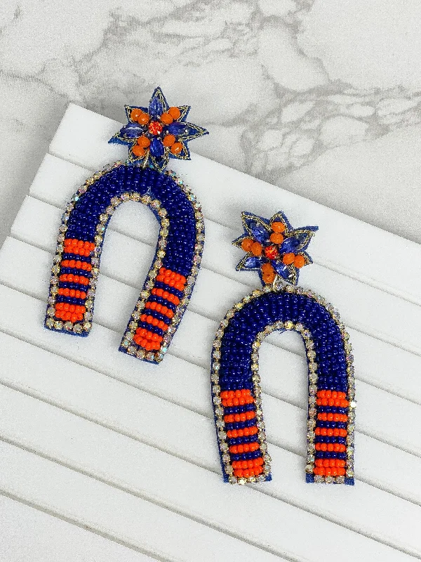 silver hoop earrings for women-Game Day Beaded Arch Dangle Earrings - Navy & Orange