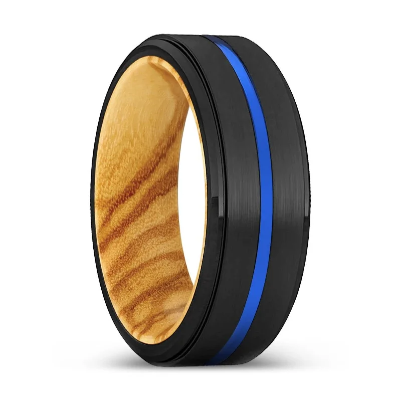 classic wedding rings for women-DELIGHT | Olive Wood, Black Tungsten Ring, Blue Groove, Stepped Edge