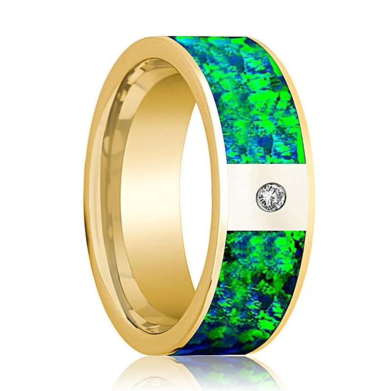 romantic promise rings for women-Flat Polished 14k Yellow Gold and Diamond Men's Wedding Band with Emerald Green and Sapphire Blue Opal Inlay - 8MM