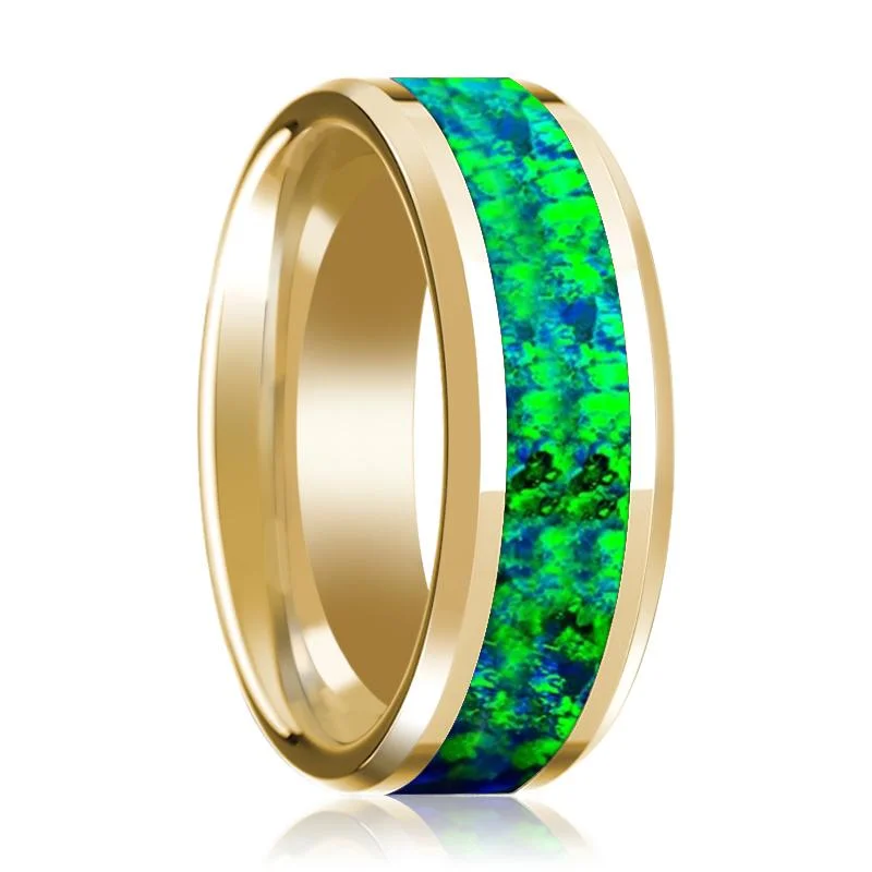 diamond eternity rings for women-Emerald Green and Sapphire Blue Opal Inlaid Men's 14k Yellow Gold Wedding Band with Bevels - 8MM