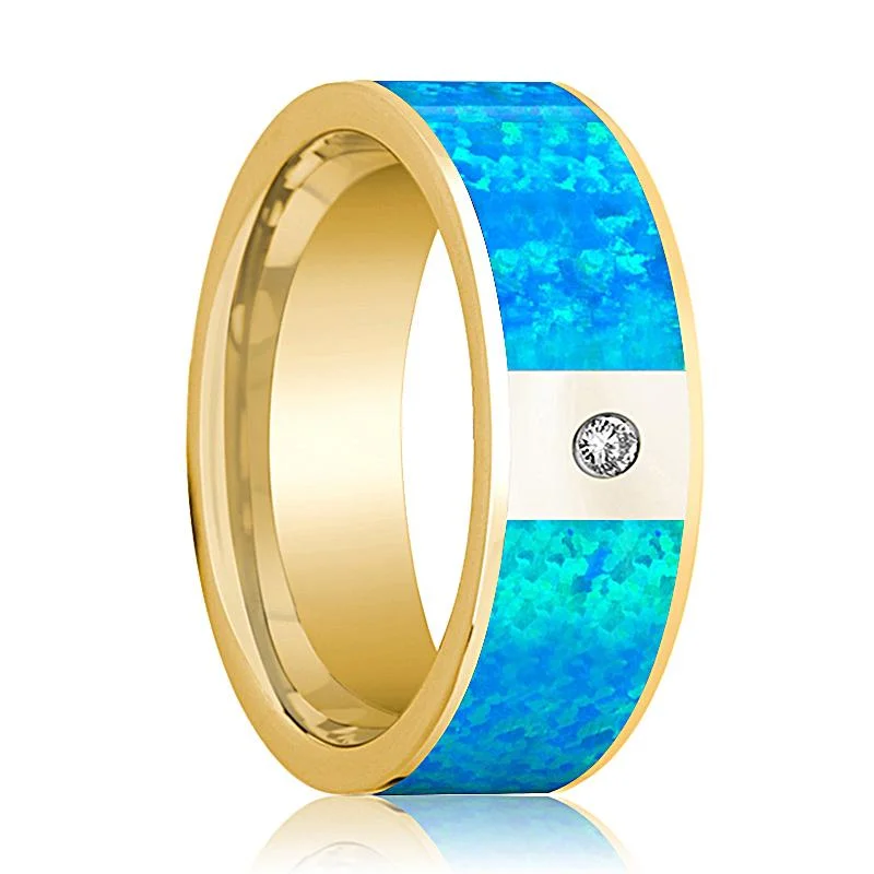 elegant rings for women-Men's 14k Yellow Gold and Diamond Wedding Ring with Blue Opal Inlay Flat Polished Design - 8MM