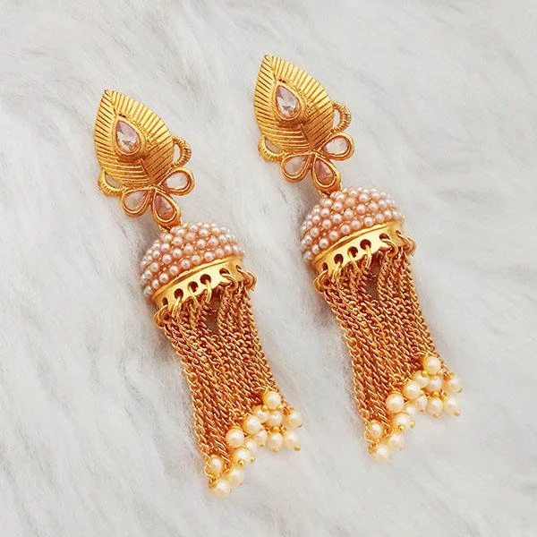 gemstone drop earrings for women-Kriaa AD Stone Gold Plated Pearl Drop Jhumki Earrings - 1312941