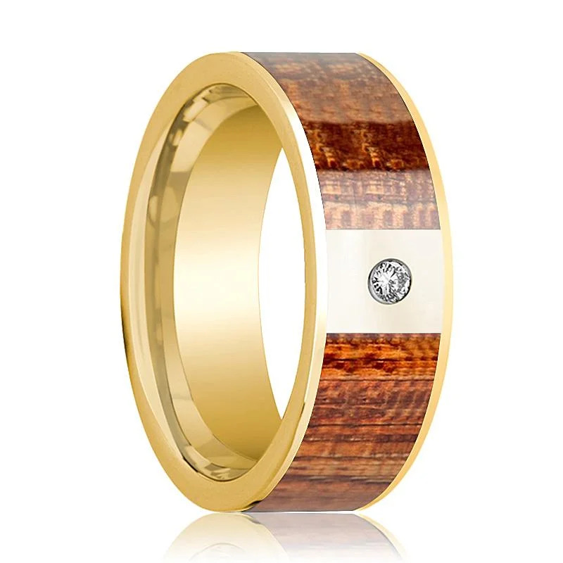 luxury gemstone rings for women-Men's 14k Yellow Gold Wedding Band with Mahogany Wood Inlay and Diamond in Center - 8MM