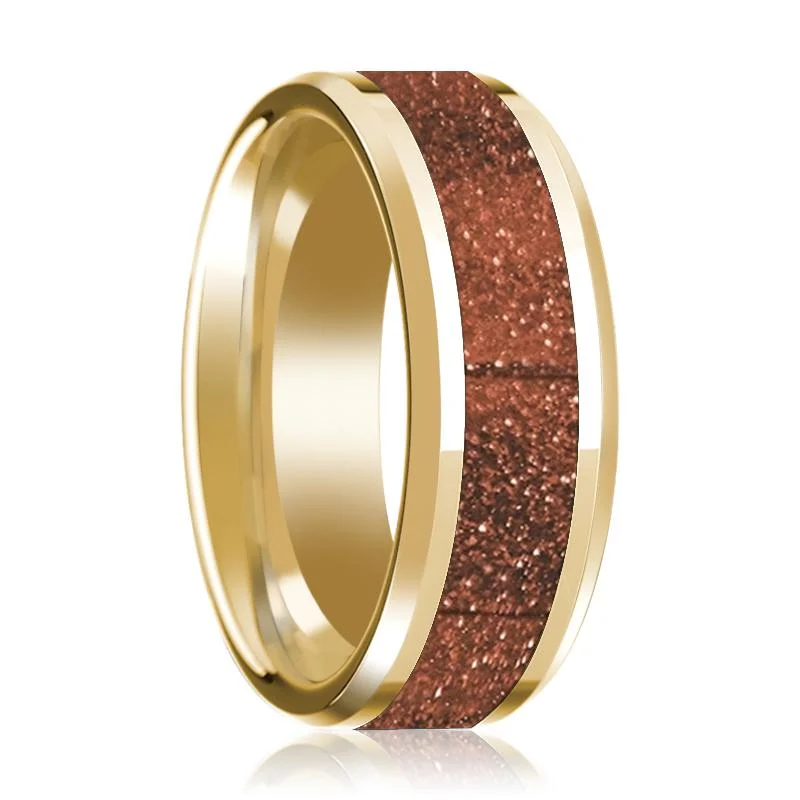 eco-friendly rings for women-Men's 14k Yellow Gold Orange Goldstone Inlaid Wedding Ring with Beveled Edges & Polished Finish - 8MM