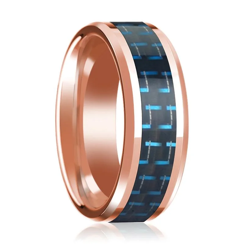 band rings for women-Men's 14k Rose Gold Polished Wedding Band with Black & Blue Carbon Fiber Inlay & Bevels - 8MM