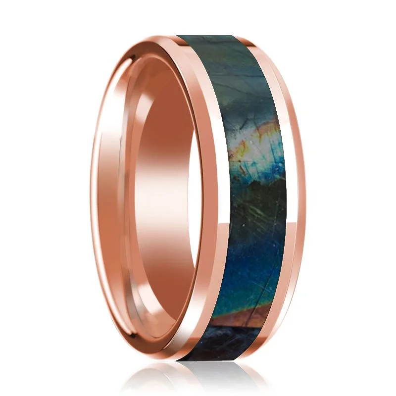 high-quality rings for women-Men's 14k Rose Gold Polished Wedding Band with Spectrolite Inlay & Beveled Edges - 8MM