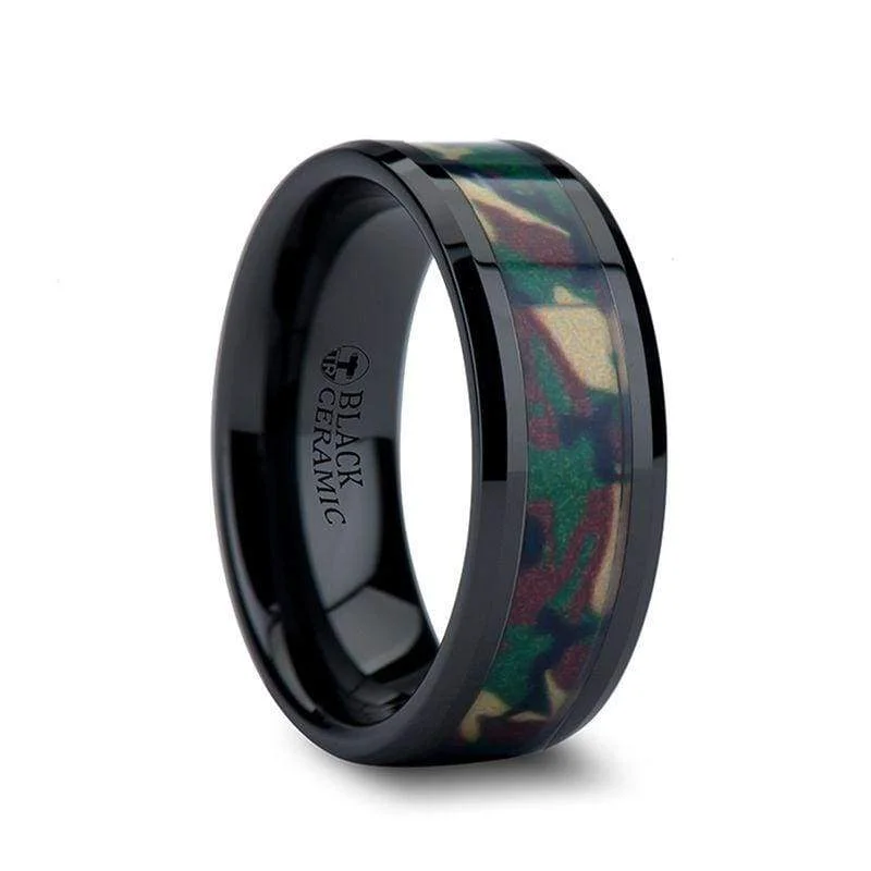 vintage gold rings for women-BARTEK Beveled Black Ceramic Ring With Real Military Style Jungle Camo 6mm - 10mm